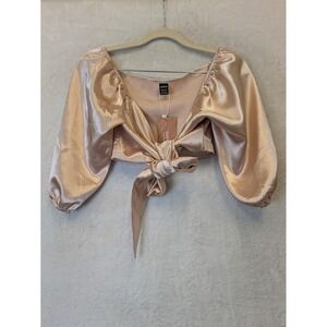 SHEIN SXY Satin Tie Front Long Sleeve Crop Top Champagne Size M
